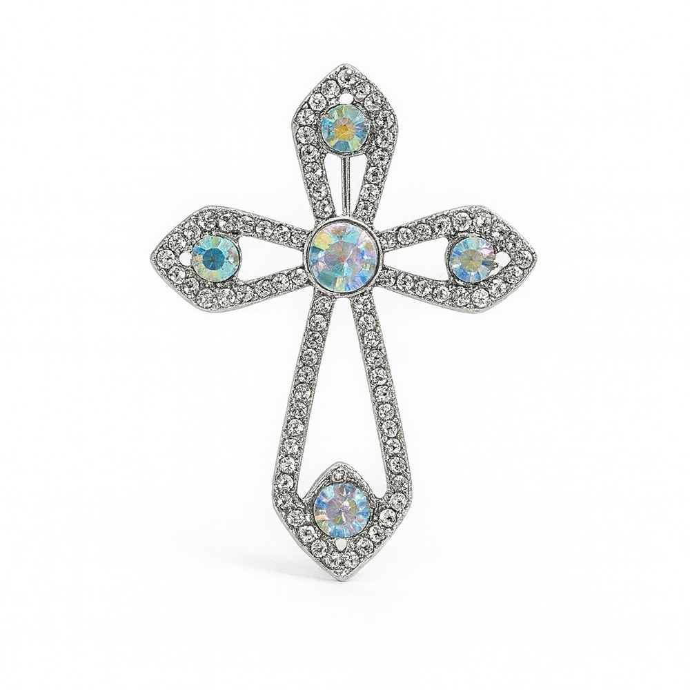 ⚜️ Elegant Silver Cross Brooch with Crystal Accents - Picture 1 of 6